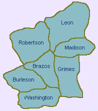 Map of Counties in the Brazos Valley Region of Texas.
