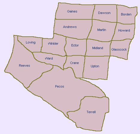 Map of the Counties in the Permian Basin Region of Texas.